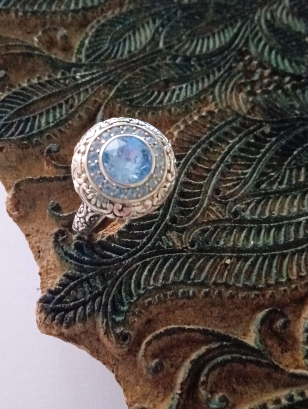 Sterling Silver 925 Artisan Ring Aquamarine Gemstone Filigree Swirl Size 7.5